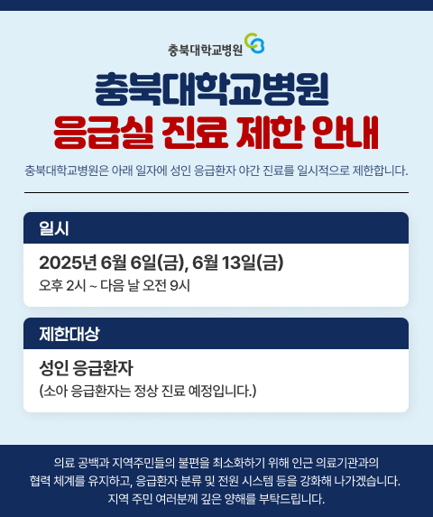 충북대학교병원은 아래 일자에 성인 응급환자 야간 진료를 일시적으로 제한합니다.
    ● 일시 : 2025년 6월 6일(금), 6월 13일(금) 오후 2시∼다음 날 오전 9시
    ● 제한 대상 : 성인 응급환자(소아 응급환자, 외상 환자는 정상 진료 예정입니다.
의료 공백과 지역주민들의 불편을 최소화하기 위해 인근 의료기관과의 협력 체계를 유지하고, 응급환자 분류 및 전원 시스템 등을 강화해 나가겠습니다. 
지역 주민 여러분께 깊은 양해를 부탁드립니다.